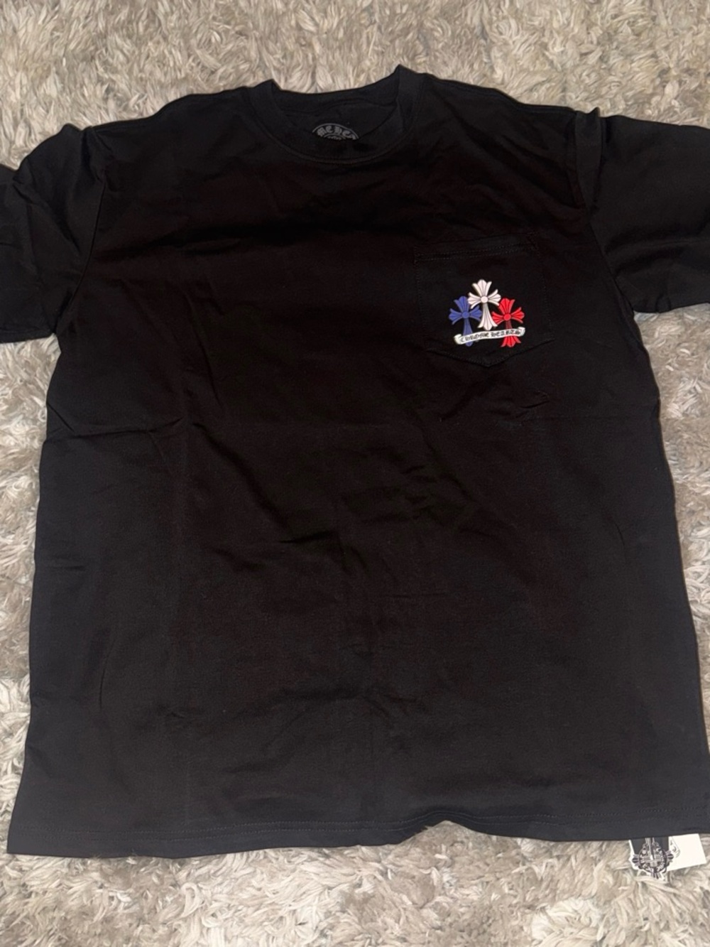 Chrome Hearts Black Short Sleeve Tee with Tricolor Cross Pocket Logo